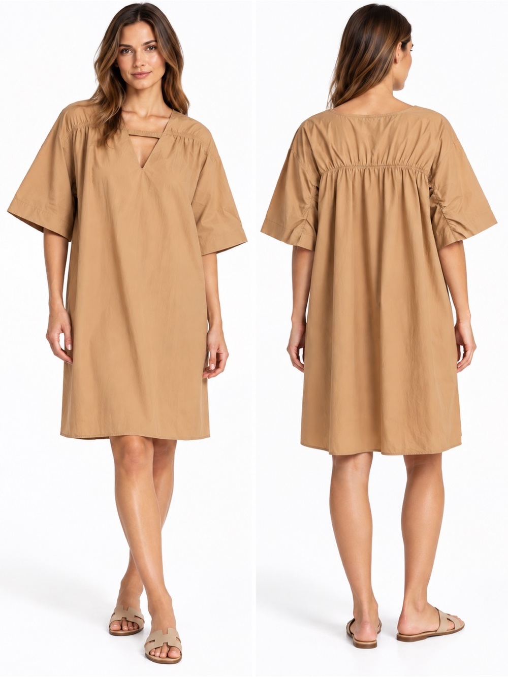 Gracia Camel Tan Oversized V-Neck Gathered Midi Shift Dress Size L